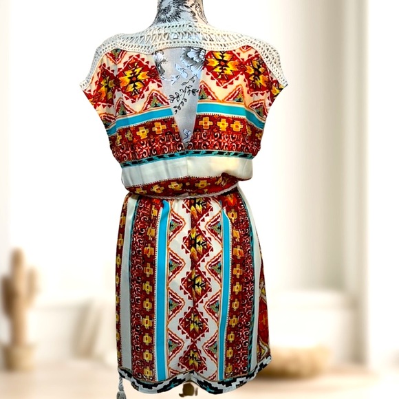 Jealous Tomato I Boho Tribal Aztec Print I Crochet Trim Mini Dress I Size:Small - Picture 2 of 5